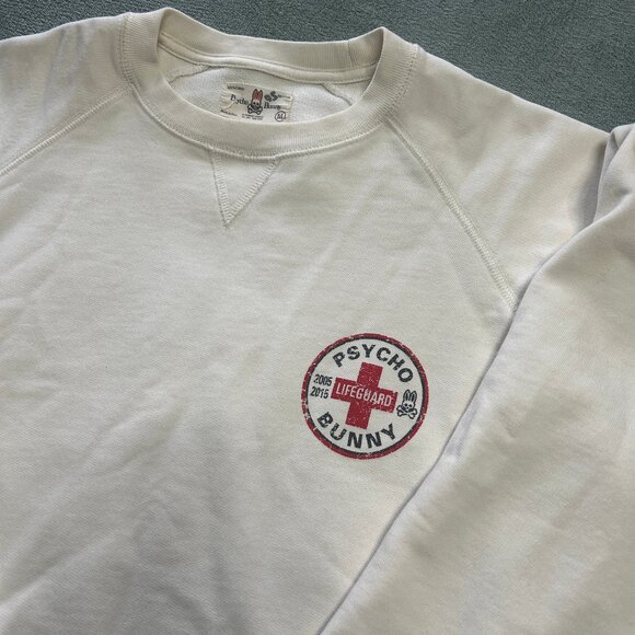 Psycho Bunny Lifeguard Sweatshirt Adult Medium Off White Crew Neck Sweater Mens - Picture 2 of 14